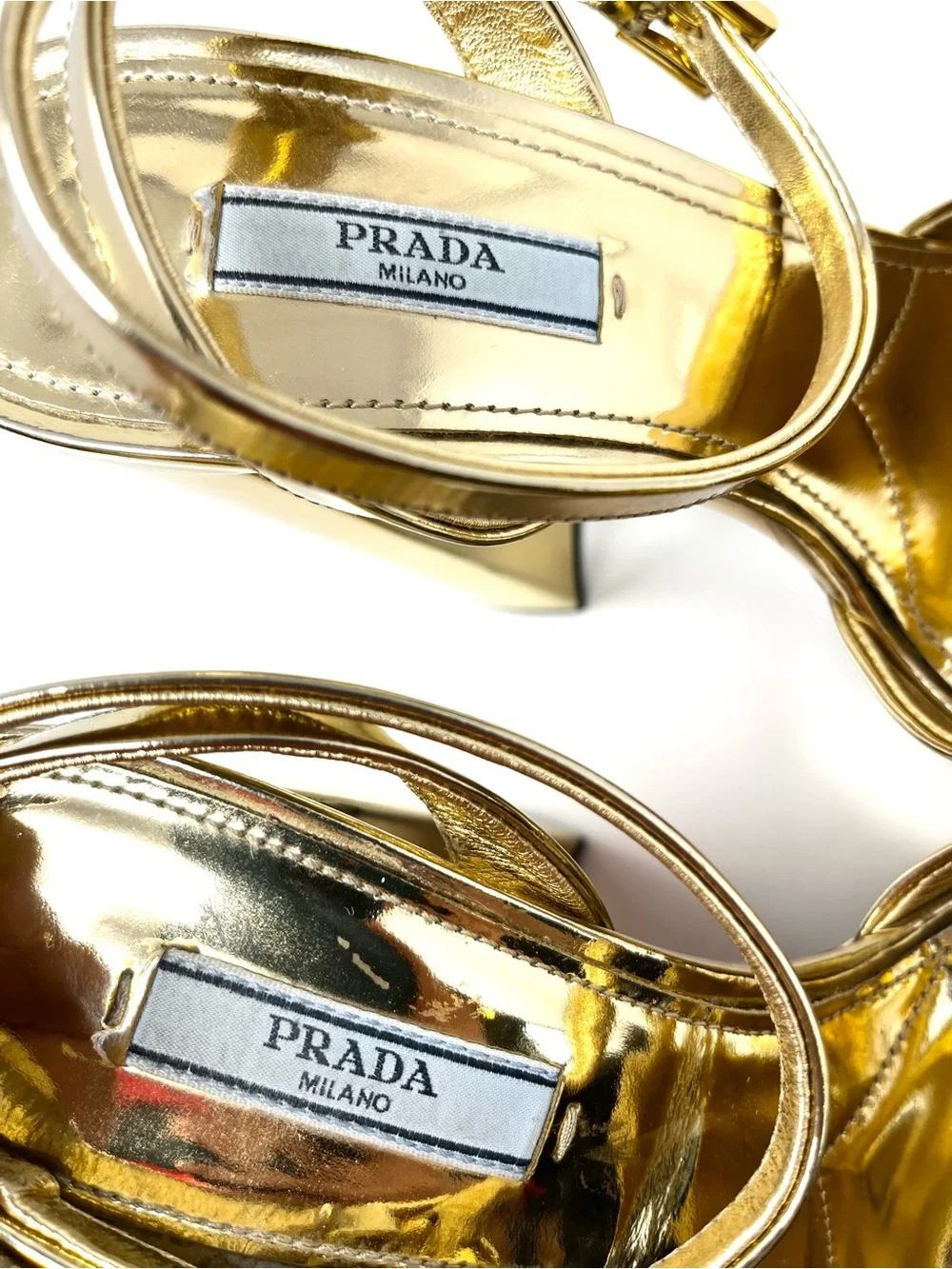 Prada Gold Metallic Leather Triangle Logo Strappy Platform Sandals Heels 36.5